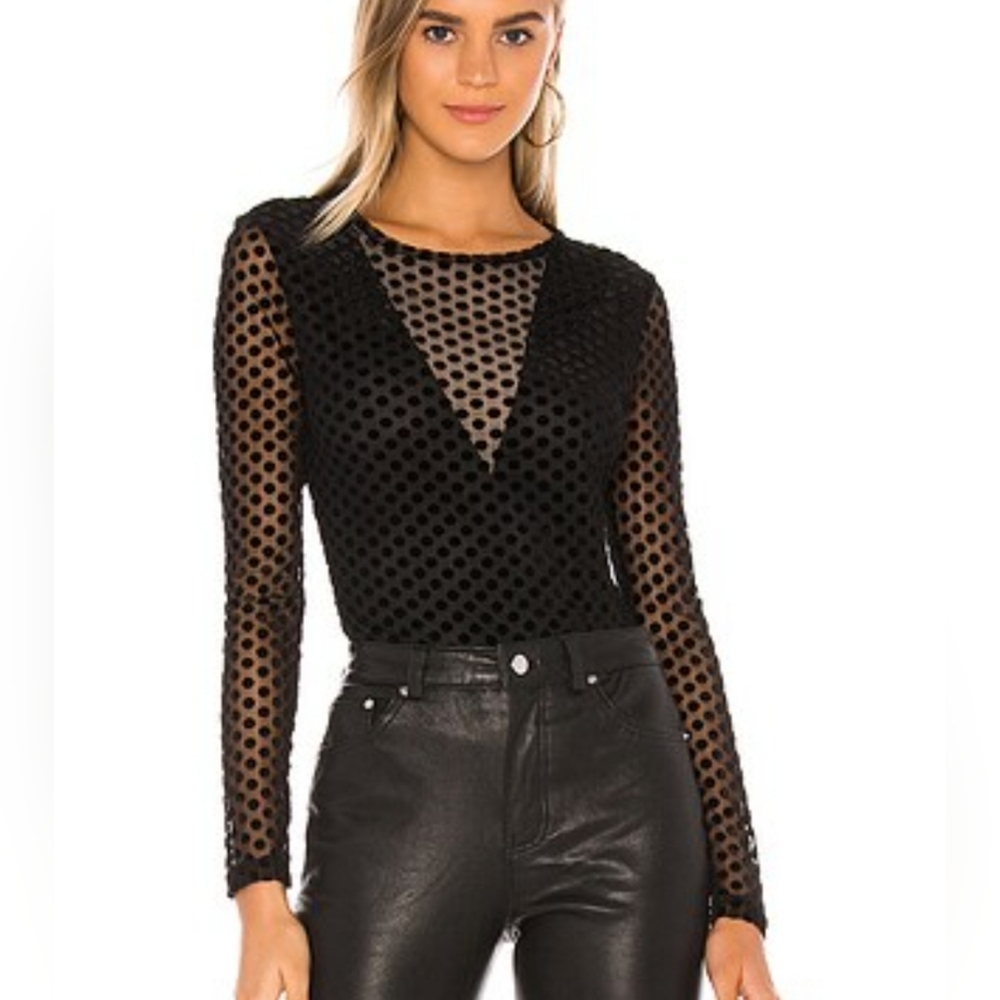 BCBGMaxAzria Black Sheer Polka Dot V Plung Blouse Size Small